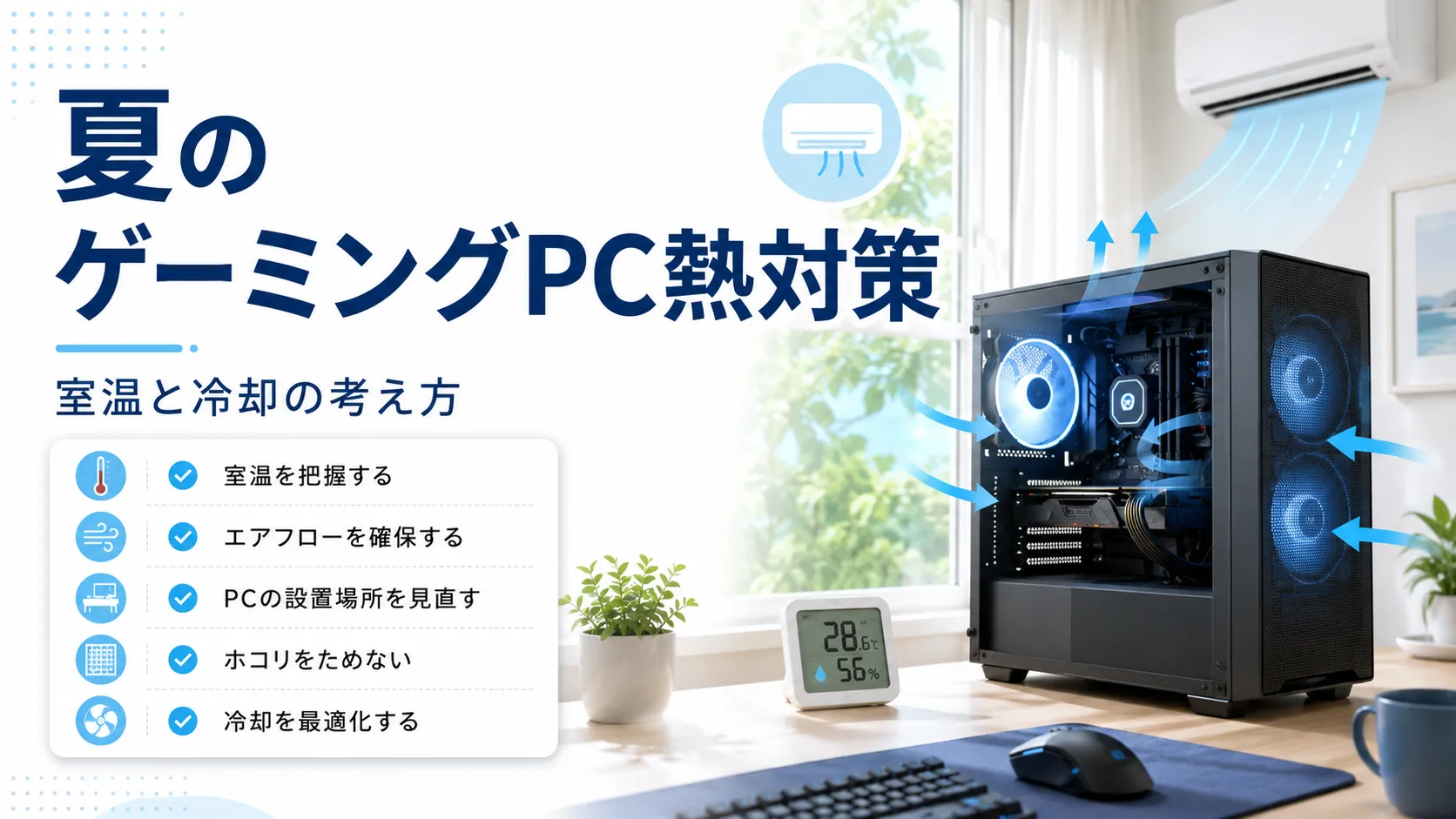 夏のゲーミングPC熱対策|エアコンなしでも確認したい室温と冷却