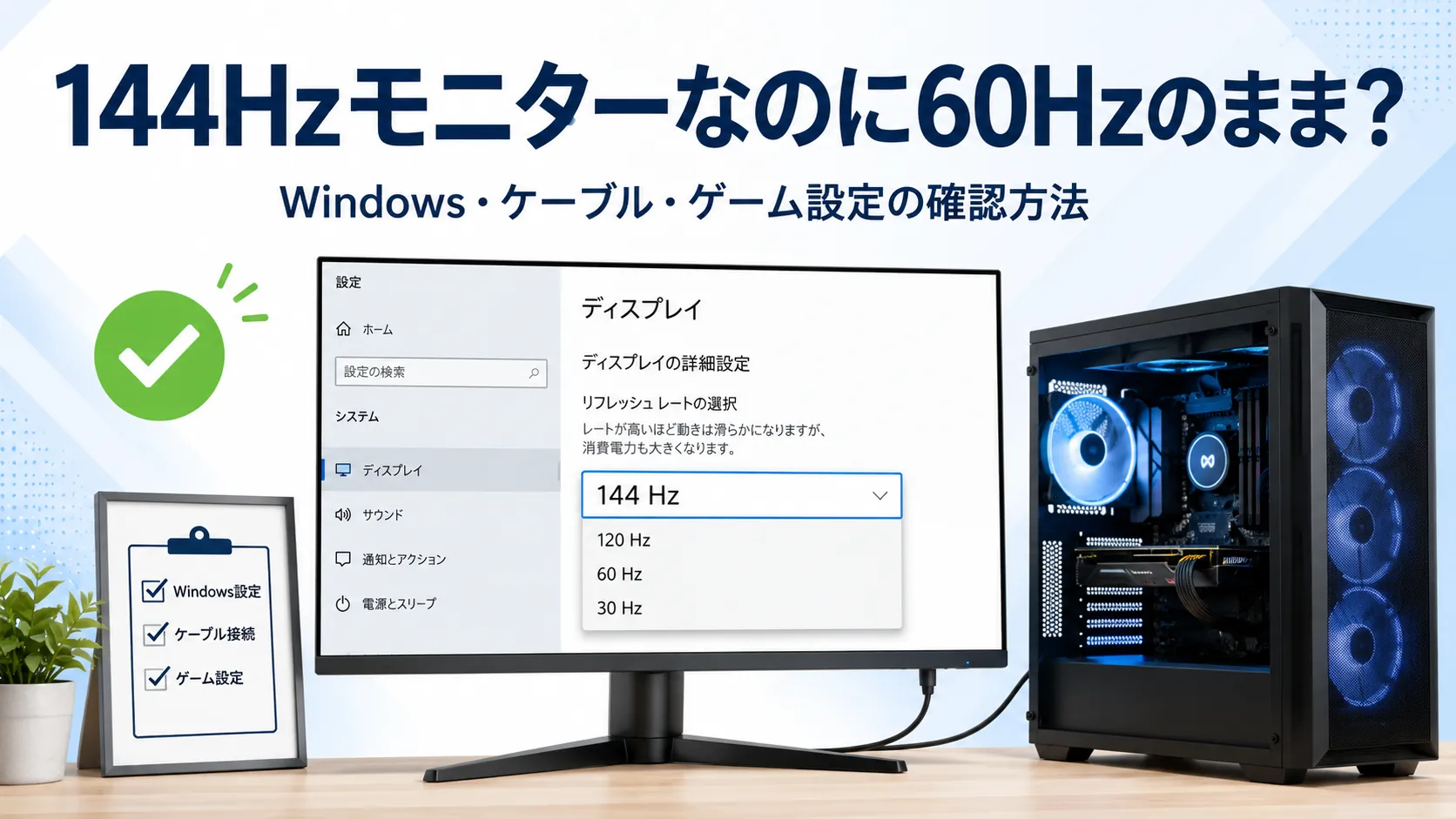 144Hzモニターなのに60Hzのまま?Windows・ケーブル・ゲーム設定の確認方法